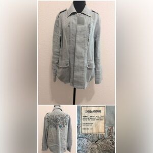 Zadig & Voltaire Dusty Blue Linen Utility Jacket | Military Style Flap Pockets